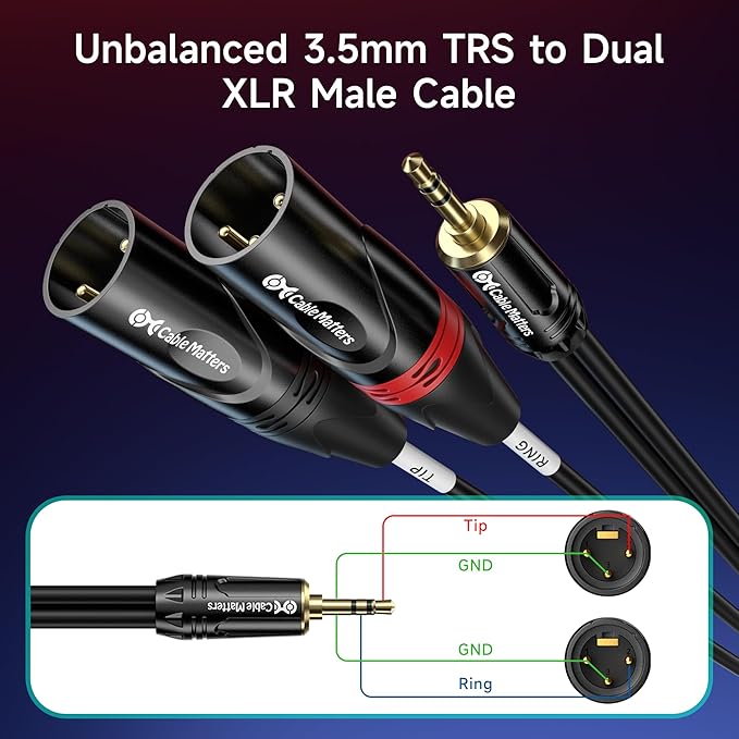 Cable Matters 3.5mm 1/8 Inch TRS to 2 XLR Cable 10 ft, Male to Male Aux to Dual XLR Breakout Cable