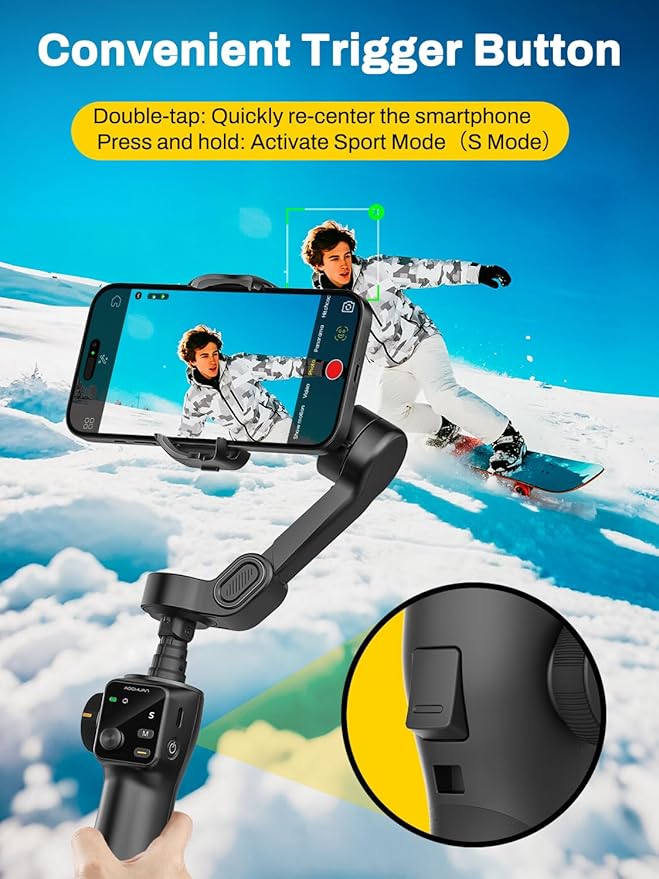 AOCHUAN Gimbal Stabilizer for iPhone w/Bluetooth Remote, 3-axis Phone Stabilizer w/7.8” Extension Rod, AI Face Tracking Smartphone Gimbal, EVA Protective Storage Bag w/Hand Strap, V8 KIT BK& B30