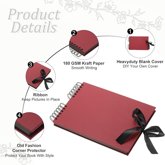 PATIKIL Scrapbook Photo Albums, 8x12 Inch 80 Pages Hardcover Scrapbooking Book DIY Album Supplies Kit with Sticker Ribbon for Gift Journal Memory Book Wedding Anniversary, Red, 1 Pcs