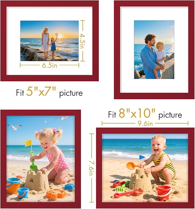 Vittanly 8x10 Picture Frame, Made of Solid Wood and Shatterproof Plexiglass, Display Pictures 5x7 with Mat or 8x10 without Mat, Wooden Photo Frame for Wall Mounting or Tabletop Display, Red, 1 Pack