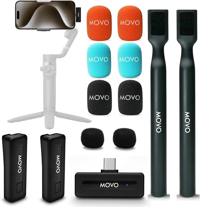 Movo Wireless Mini UC Duo Dual Ultra Compact Wireless Lavalier Microphones for iPhone 15/16/17 with Handheld Adapter - Lapel Mic with Handle Mount for Content Creators, Interviews, Reporting and More