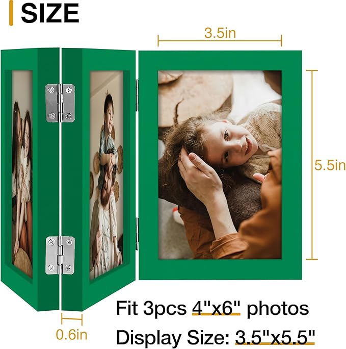decorUhome Triple 4x6 Picture Frame Vertical, Engineered Wood Trifold Photo Frame with Plexiglass for Tabletop Display, 4x6, Green