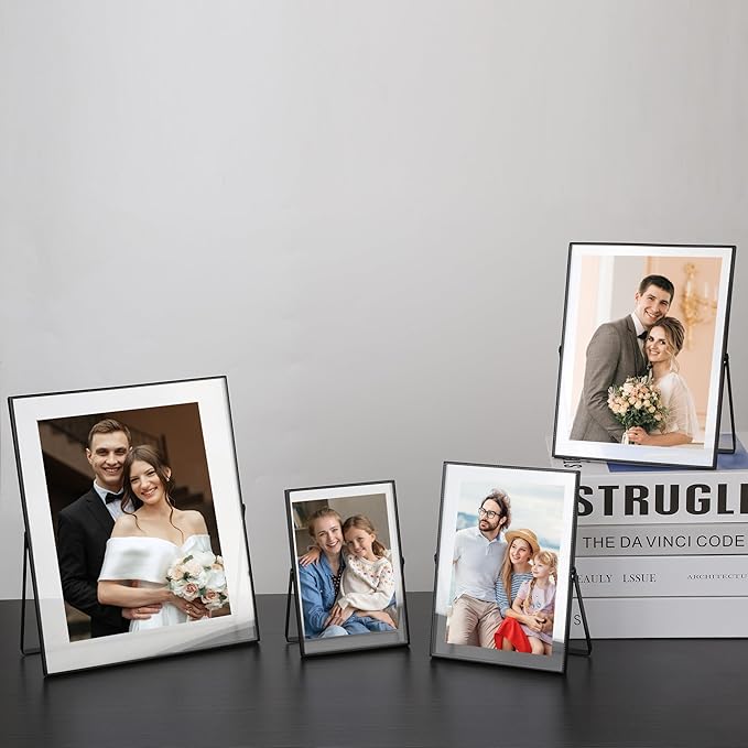 Black 8x10'' Floating Frame Set of 2,For Photo Sizes (5x7'',6x8'' 7x9''),Beautiful Metal Beaded Frames Adjustable Tabletop/Shelf Photo Frame,Classy Gift Choice for Wedding