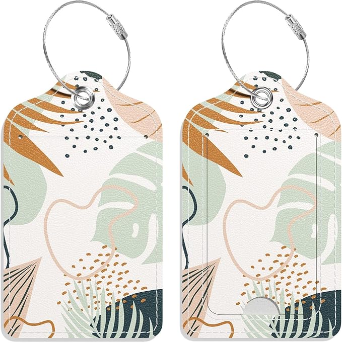 PU Leather Luggage Tags for Suitcase, Travel Cruise 2 Pack with Privacy Flap, Name ID Label and Metal Loop for Women Men Girls Baggage Bag Backpack Instrument, Boho Leaves