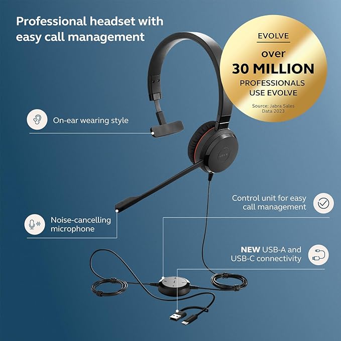 Jabra Evolve 20 SE Wired Single-Ear Headset with Microphone for Work, USB-A and USB-C Wired Headphones, Works with Online Meeting Platforms, Connects to Laptops, iPhone & Android Devices