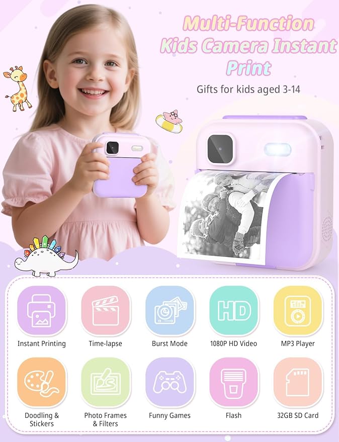 Kids Camera Instant Print, 1080P HD Digital Video Kids Instant Camera for Girl Boys, Toddler Toys for Children Age 3-12 with 3 Rolls Print Paper & 32G Card (Purple)