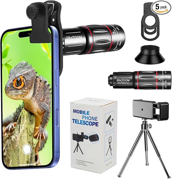 Phone Camera Lens Kit 28X Telephoto Lens for iPhone with E-Clip and Tripod, Suitable for Most (Black)