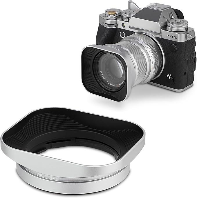 Haoge Bayonet Square Metal Lens Hood for Fujifilm Fuji Fujinon XF 50mm F2 R WR Lens Silver LH-X50W, on XPro3 X-T50 XT5 X-T4 X-T30 X-T3 X-E4 X-A5 X-A20 X-E3 X-H2