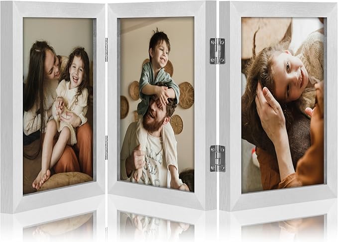 decorUhome Triple 5x7 Picture Frame Vertical, Engineered Wood Trifold Photo Frame with Plexiglass for Tabletop Display, 5x7, Silver