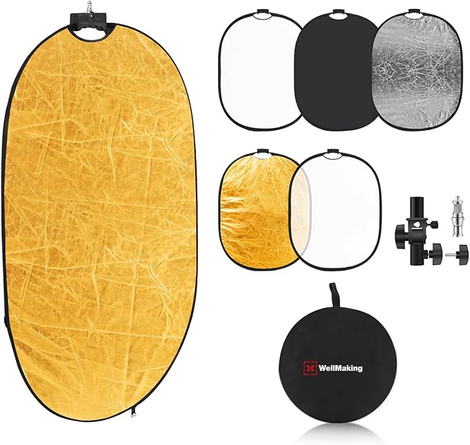 WELLMAKING 24'' x 36'' (60 x 90cm) Photography Reflector 5-in-1 Collapsible Light Reflector with Bag & tilt Adapter, Portable Light Reflector Photography Panel for Studio Video & Outdoor Lighting