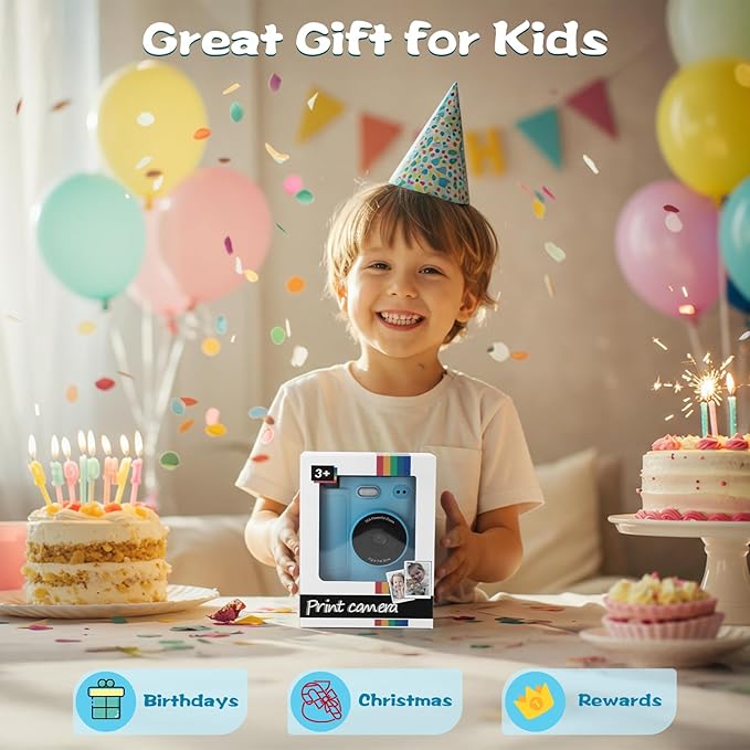 Kids Camera Instant Print, 1080P HD Dual-Lens Selfie Digital Camera with 5 Printing Paper Rolls & 32G TF Card, for Children, Portable Toddler Toy for Age 3-12 Boys & Girls (Blue)