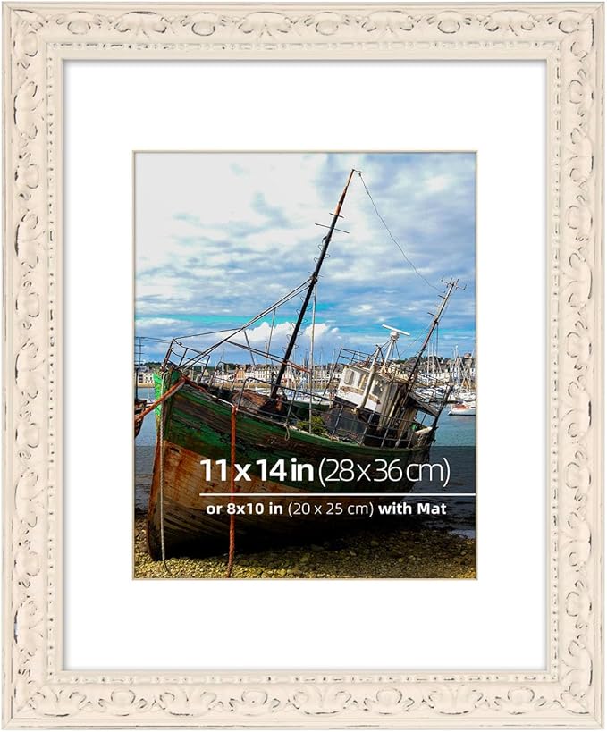 11x14 in Distressed Wood Off-white Vintage Antique Farmhouse Picture Frame, Museum Grade Off White Mat 8x10, Real Glass Protection, Wall Hanging Photo Display, Washed White