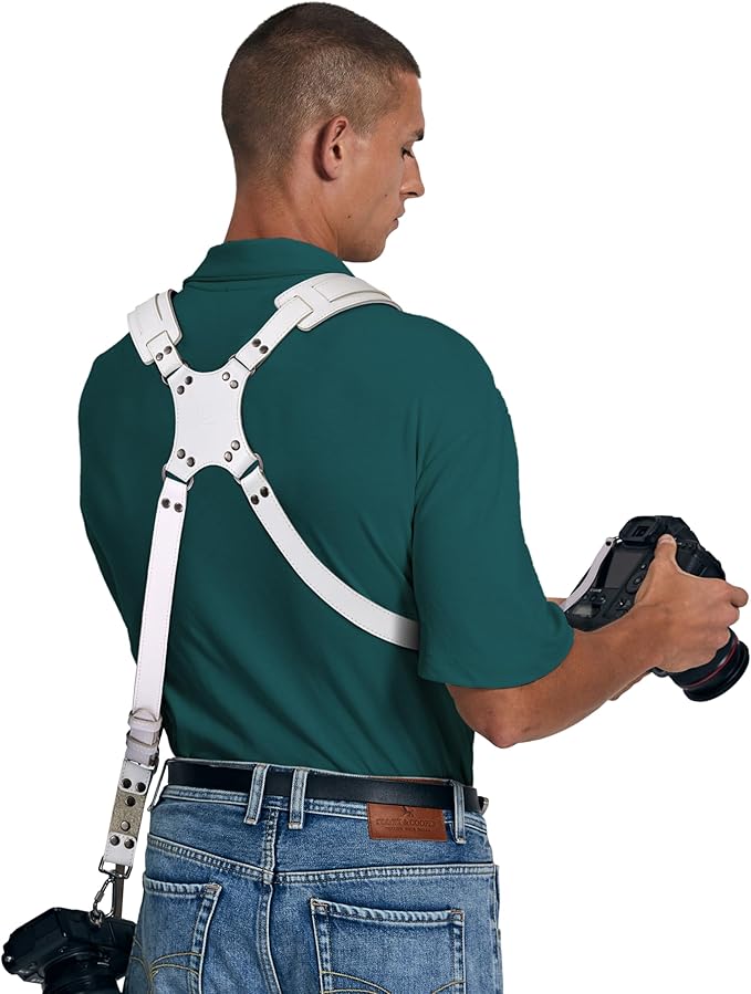 Padwa Lifestyle White Dual Camera Harness Strap for Two Cameras - Dual Shoulder Full Grain Leather Harness,Multi Double Camera Gear with Thick Padded,Double Camera Harness for Photographers