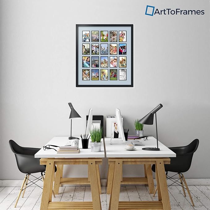 ArtToFrames Collage Photo Frame Double Mat with 20-4x6 Openings with Satin Black Frame and Baby Blue mat.