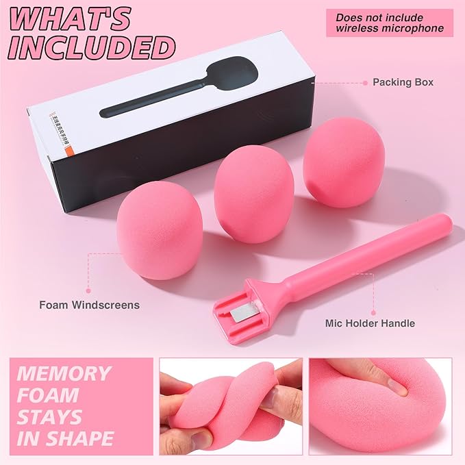 Facmogu Handheld Wireless Mic Stand with 3PCS Foam Cover, Handle for DJI RODE Microphone, Microphone Handle Handheld for Rode Wireless Go II/Pro/More Wireless Mics - Pink