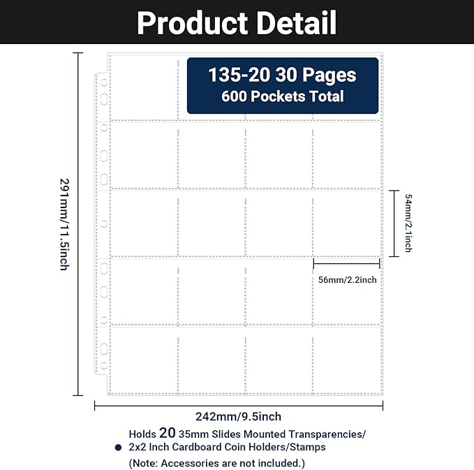 ENPOINT 30 Pack Protective Photo Slide Pages, 35mm Slide Storage Pages, 600 Pockets 2x2 Top Loading Coin Sleeves, Cardboard Coin Holder Sleeves, Stamp Collecting Supplies for 3 Ring Binder