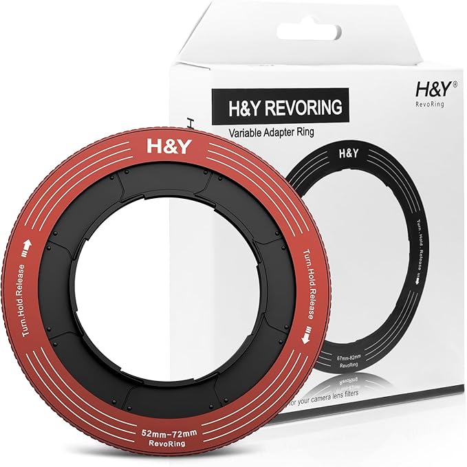 H&Y RevoRing Adjustable Step Up Ring 52-72mm to 77mm, Variable Lens Filter Adapter Ring, Universal Stepping System fits 52 55 58 62 67 72mm, Red