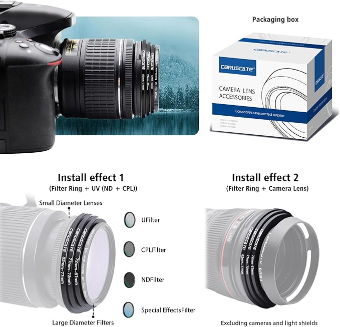 9 Pieces Step Down Ring,Camera Lens Filter Metal Filter Rings Compatible All Brands UV ND CPL (49-40.5mm,52-49mm,55-52mm,58-55mm,62-58mm,67-62mm,72-67mm,77-72mm,82-77mm)