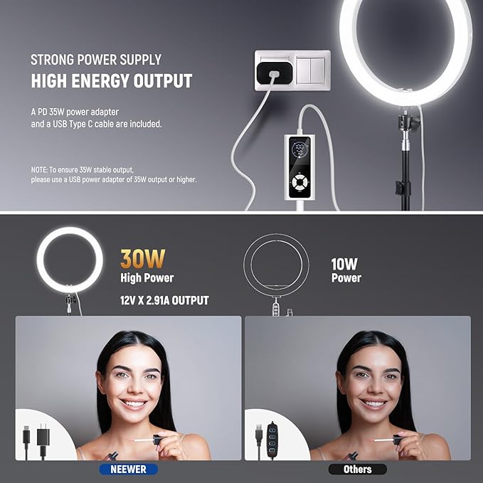 NEEWER RH12B Pro 12" 30W High Power LED Ring Light with 71" Tripod Stand Compatible with iPhone, 3290lux Bi Color Selfie Circle Light Phone Holder for Video Recording Makeup Stream, 2900-7000K CRI97+