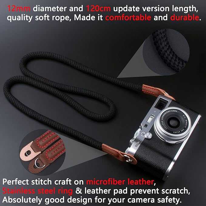 Camera Strap for Man Woman Photographer Soft Rope Neck Shoulder Strap for DSLR SLR Mirrorless Camera with Round Hole Interface 120cm Black