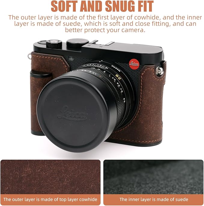 Handmade Genuine Leather Camera Half Case for Leica Q3/Leica Q3 Camera Case- Top Layer Cowhide Body + Metal Base Plate + Hand Shank Design (Dark Brown)