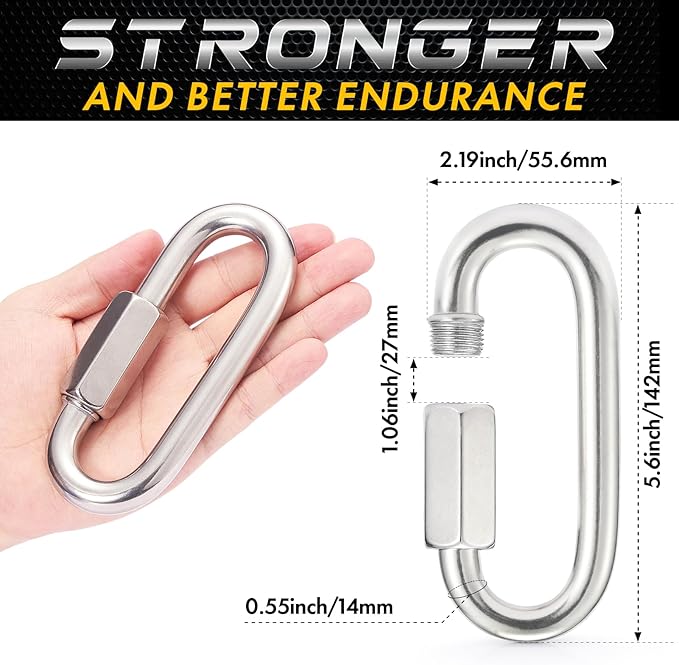 Sprookber Stainless Steel Quick Links - 304 Heavy Duty Chain Connector, Screw Locking Carabiner, Hooks, Set of 4