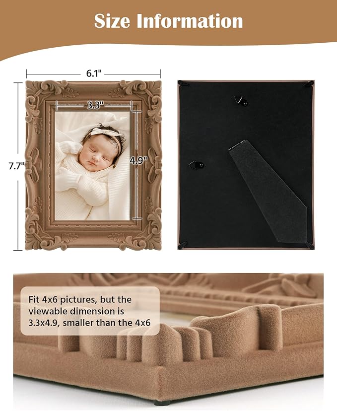 Picture Frames 4x6 for Drawings Prints, Small Decorative Photo Frame with Real Glass/Stand, Rococo Ornate Memorial Frame Gift for Wedding Baby Shower Retirement (Brown)
