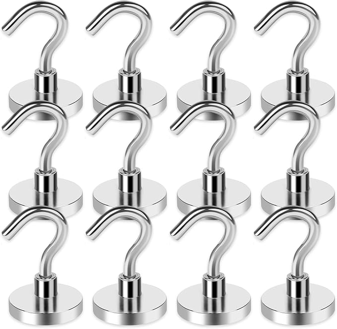 LOVIMAG Strong Magnetic Hooks, 50LBS Neodymium Magnets with Hooks Magnetic Hooks Cruise for Refrigerator, Powerful Magnet Hooks Magnetic Hanger for Hanging, Grill, Locker,Kitchen, Metal Door-12 Pack