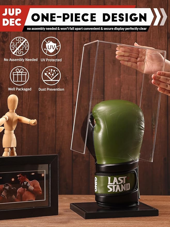 JupDec Boxing Glove Display Case, Clear Acrylic Showcase with Wood Base & Plank for Single Glove, Full Size UV Protection Souvenirs and Collectibles Box, Ideal Gift for Boxing Fans, Black