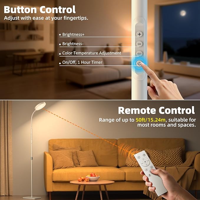 Floor Lamp, Adjustable Height Floor Lamps for Living Room Bedroom, 252 LED Super Bright Standing Lamp Remote Control, Dimmable Gooseneck Tall Stand Reading Lamp Light for Office Craft, White