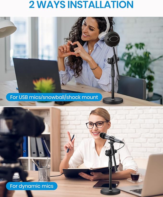 Moukey Mic Stand Desk Adjustable Tabletop Microphone Stand with Non-Slip Mic Clip, Short Table Mic Stand with Gear Fixing, Boom Arm, 3/8" and 5/8" Adapter, MMs-5