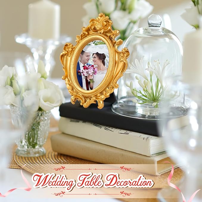 Maitys 50 Pcs Mini Picture Vintage Frames with Stands Tiny Antique Photo Baroque Ornate Resin Oval Frame Table Top Display Home Wedding Decor (Gold)