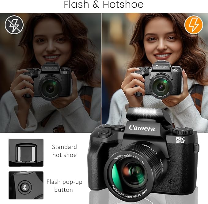 8K Digital Cameras for Photography, 64MP Vlogging Camera for YouTube with 4" Touch Screen, Dual Front/Rear Cameras with LED Fill Light, 3000MAh Battery, Lens Hood, Hot Shoe & 32GB TF Card