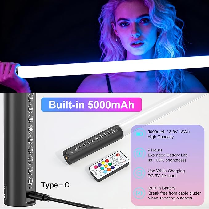 LUXCEO 2Pack 90cm RGB Tube Light Bar (3Ft) with Light Stand, 5000 mAh Battery Powered LED Video Light Wand Stick for DJ Lighting, Dance Club and Photography Lighting