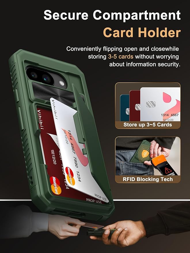 Vihibii for Google Pixel 9a Wallet Case, Built-in Card Holder (4 Cards), [RFID Blocking] & Slide Camera Cover, Military Grade Drop Protection, Rugged Heavy Duty Case for Google Pixel 9a 2025, Green