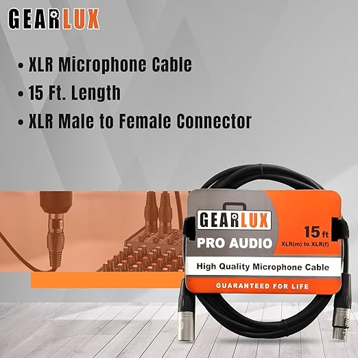 Gearlux XLR Microphone Cable, Fully Balanced, Male to Female, 15 Feet - Single Pack