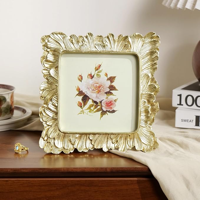 Cuspin 5x5 Picture Frame Gold Frames, Vintage Ornate Frame Palm Leaves Textured Hand-Crafted Resin with Glass Front, Elegant Retro Photo Frame for Wall Hanging and Tabletop Display Home Decor