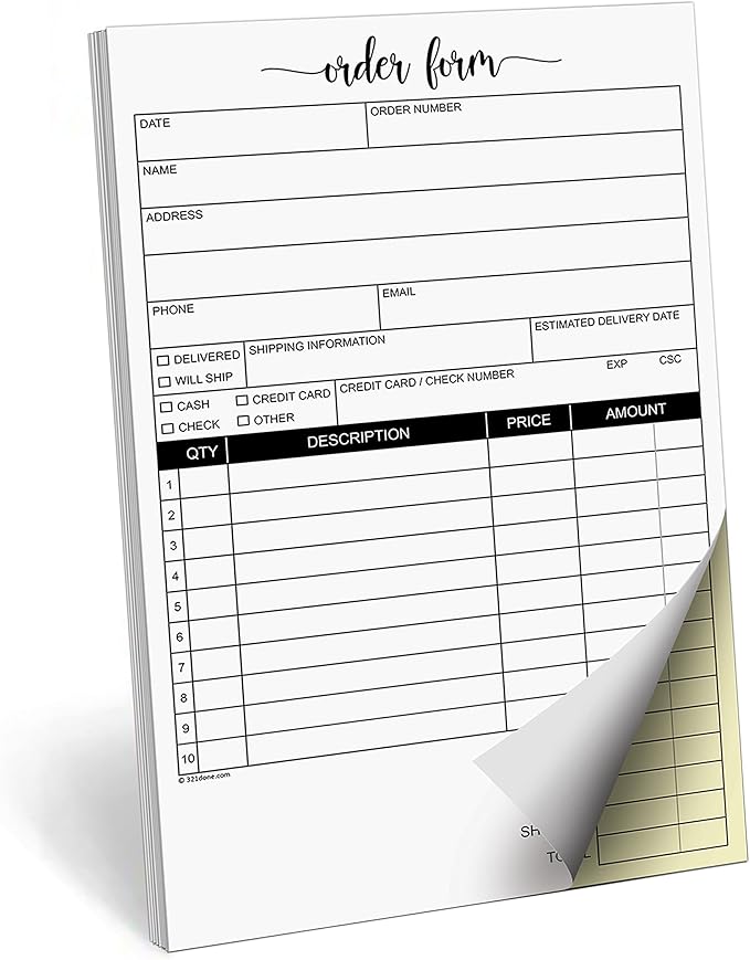 321Done Order Form Pad, 5.5x8.5 Portrait 2-Part Carbonless, Made in USA, Carbon Copy Purchase Sales Receipt Book Cute Small Size for Business Invoice (50 Sets) White/Yellow, Premium Paper