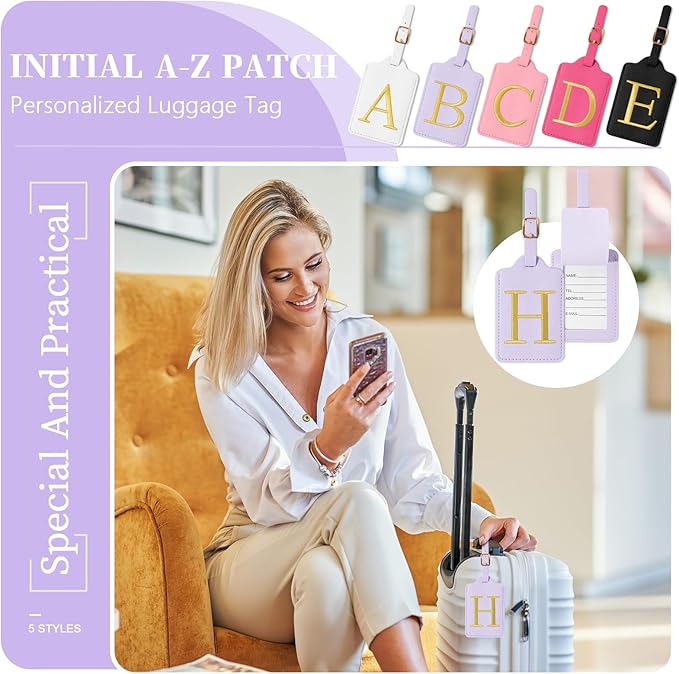 Personalized Initial Luggage Tags for Suitcase, Purple Leather Cute Luggage Tags with Privacy Cover Name Card, Embroidered Custom Monogrammed Luggage Tag Travel Backpack Tags Gifts for Women Kids(H)