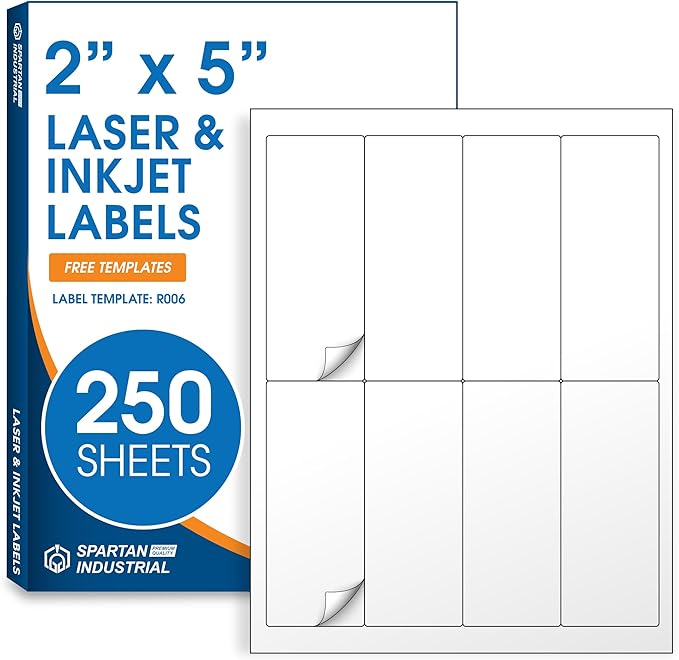 2" X 5" Matte White Printable Shipping Labels (250 Sheets, 2000 Stickers) Address and Mailing Labels for Laser & Inkjet Printers - Spartan Industrial Template R006