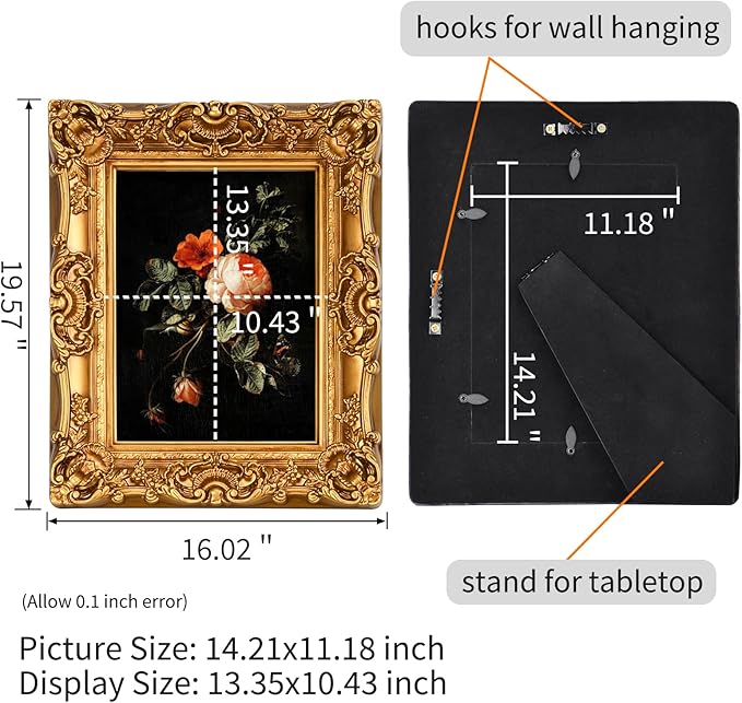 11x14 Picture Frame with Oil Painting, Antique Gold European Style for Wall Decor, Baroque-Style Home Decor Large Photo Frame with Real Glass, Ready to Hang