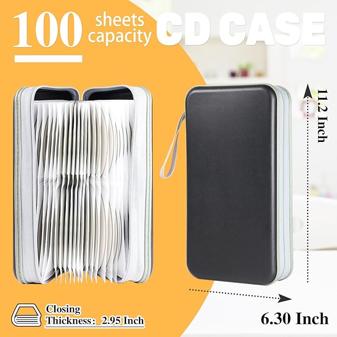 YILAG CD/DVD Case Storage, 100 Capacity Holder - Plastic Disc Case Storage Wallet Binder for Car, Home, Office, Travel (1P Black)