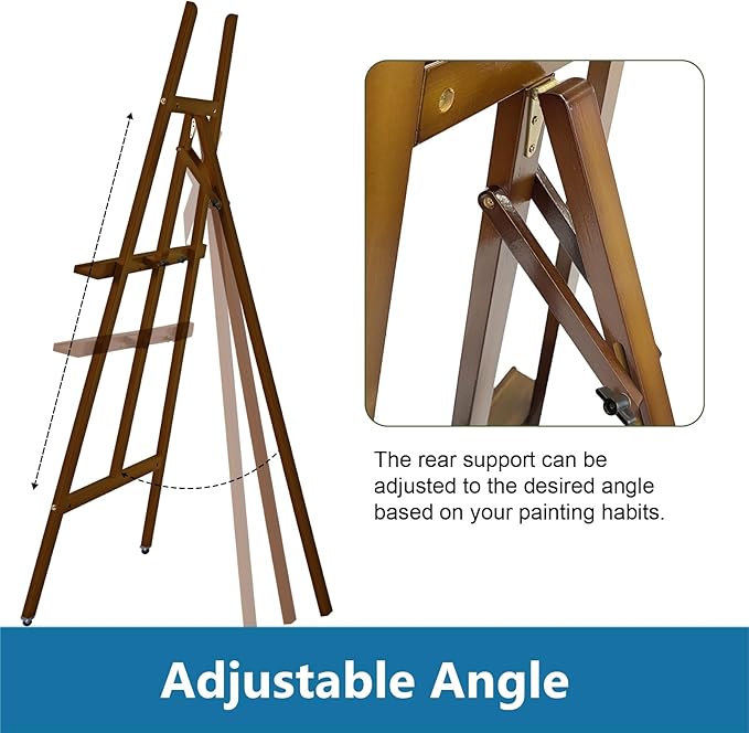 Somime A - Frame Wooden Display Easel with Wheels - Adjustable Lyre Beechwood Studio Easel Stand Holding Canvas Up to 90", Inclinable Artist Floor Painting Easel for Artwork Painting, Brown