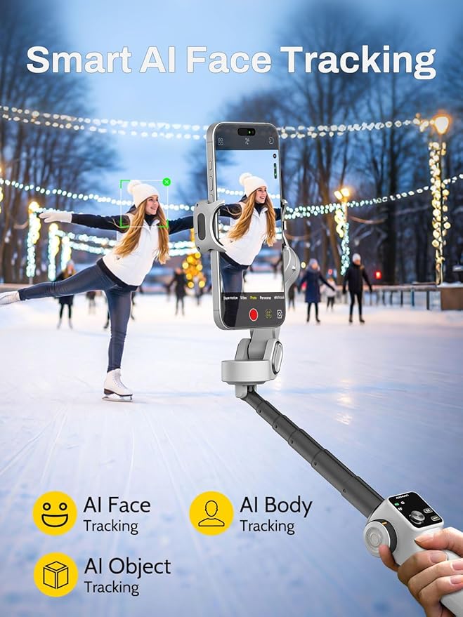 AOCHUAN Smartphone Gimbal Stabilizer for iPhone & Android, 3-Axis Phone Gimbal with Bluetooth Remote Control, Built-in 7.8” Extendable Rod, EVA Protective Storage Bag w/Hand Strap, V8 KIT WH& B30