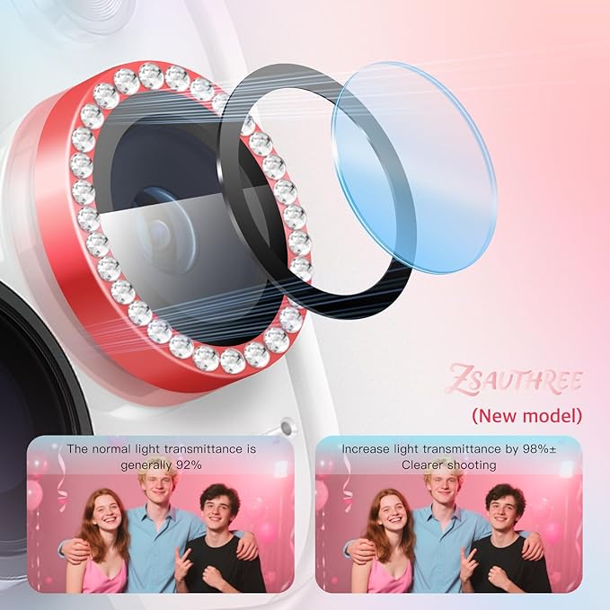 Camera Lens Protector Bling Compatible for iPhone 16 Pro/16 Pro Max,9H Tempered Glass,1Step Installation Tray,HD Clear/Military Grade Shatterproof/Scratch Resistant(Diamond Red)
