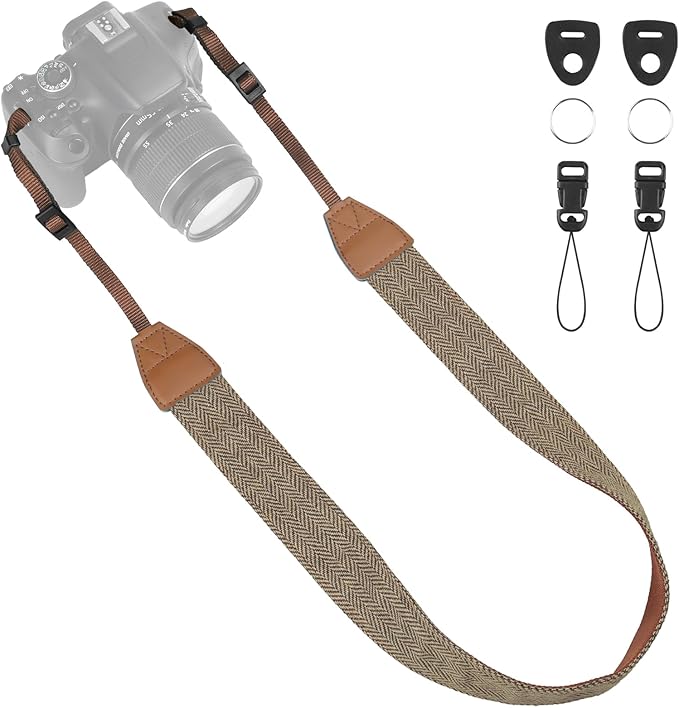 Universal Camera Strap - Camera Neck Strap, Adjustable Shoulder Straps Compatible with Canon, Fujifilm, Nikon, Olympus, Panasonic and other SLR and mirrorless cameras - Khaki and Black Stripes