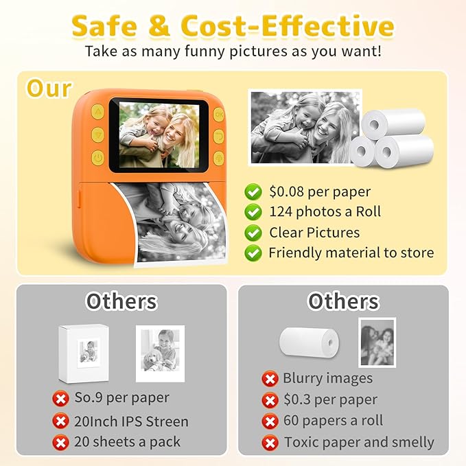 Instant Print Camera for Kids, Christmas Birthday Gifts for Girls Boys, 1080P Instant Digital Print Cameras for Toddler,Portable Toy for 4 5 6 7 8 9 10 Year Old Girl with 32GB SD Card，Orange