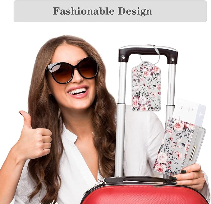2 Pack Luggage Tag for Suitcases Leather Privacy Cover ID Label Suitcase Labels Identifiers with Stainless Steel Loop, Travel Bag Tags, Grey Flowers