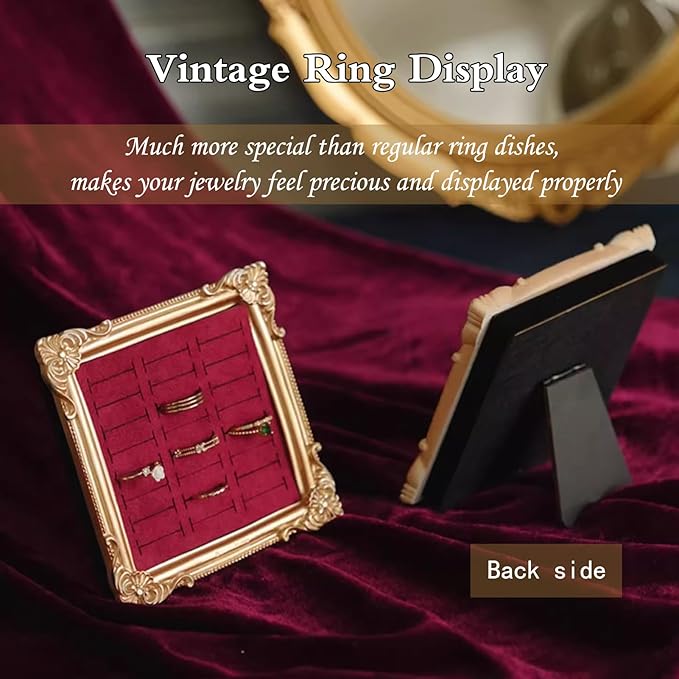Vintage Photo Frame Ring Holder - 24 Slot Velvet Jewelry Organizer Display Stand for All Ring Sizes, Gold Baroque Elegant Storage Tray for Wedding Engagement Collection Photography (Blue)