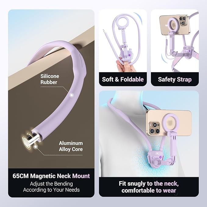 JJC Neck Mount for Gopro 13/12/11, DJI OSMO Action 5 Pro/4，Insta360 X5/X4/Ace Pro & More Action Cameras, POV Neck Holder with Quick Release for Content Creating Video Filming Women-Purple